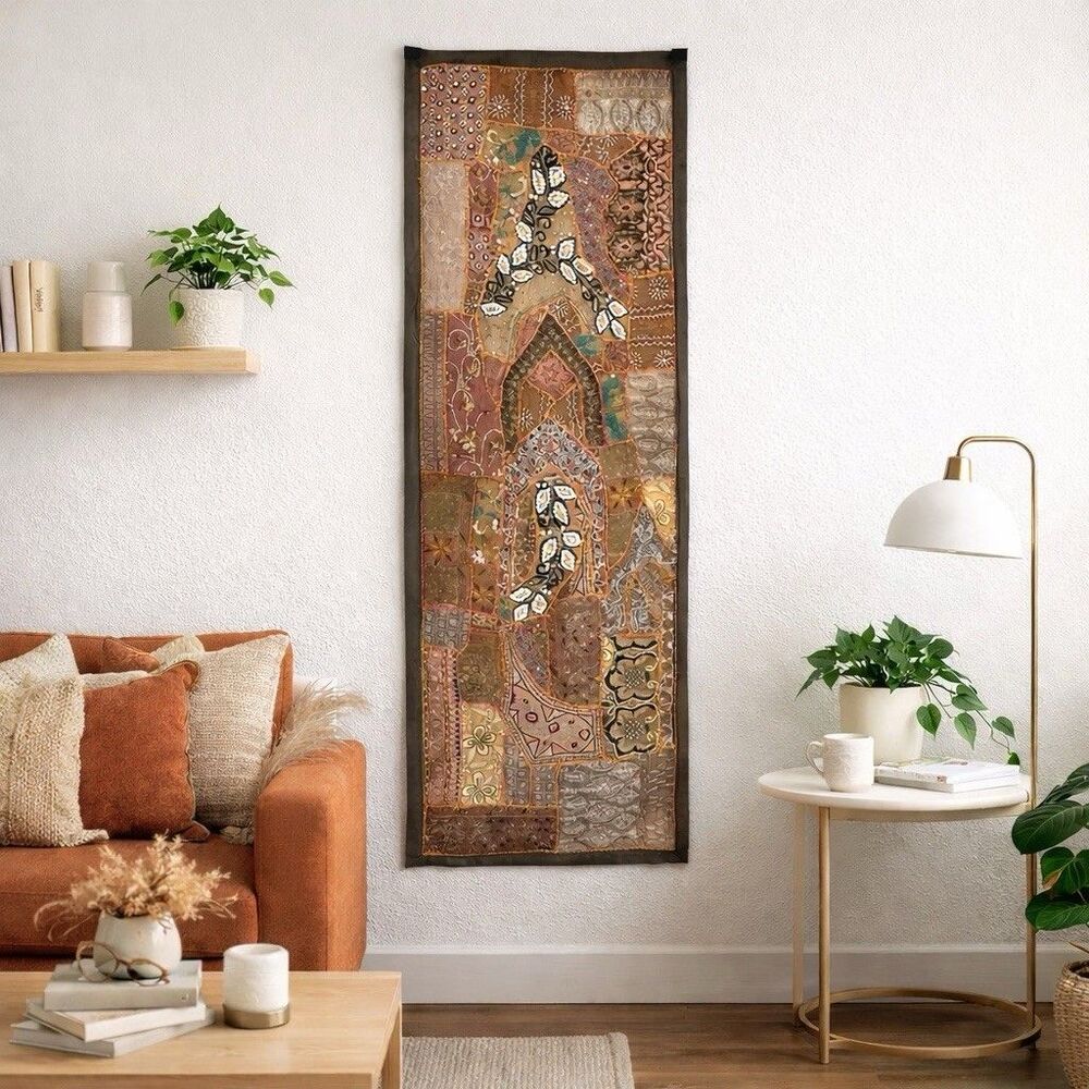 Vintage India Embroidered Patchwork Wall Hanging – Beadwork – 59” x 21”